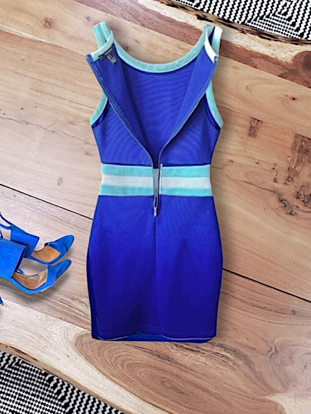 Blue Colour Block Zip Back Fitted Dress